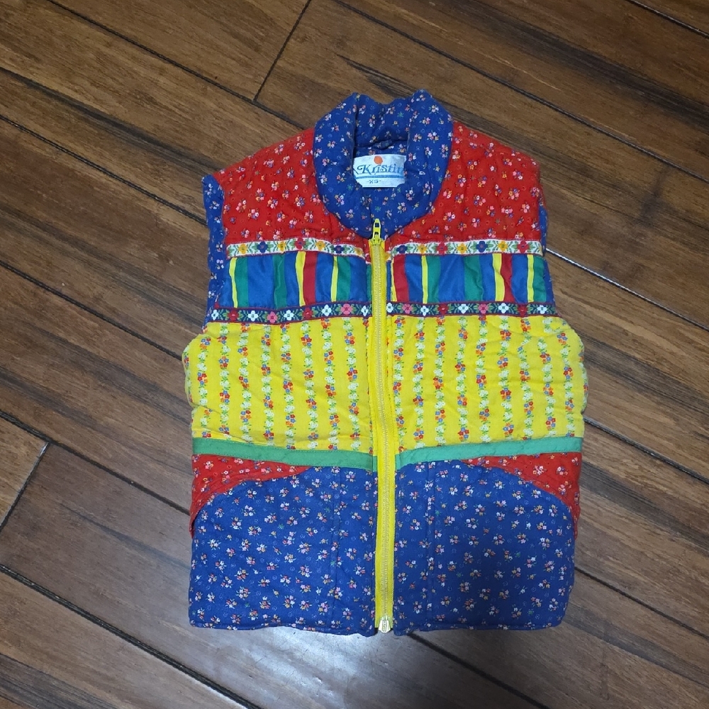 Vintage Colorful Quilted Patchwork Vest with Yellow Zipper